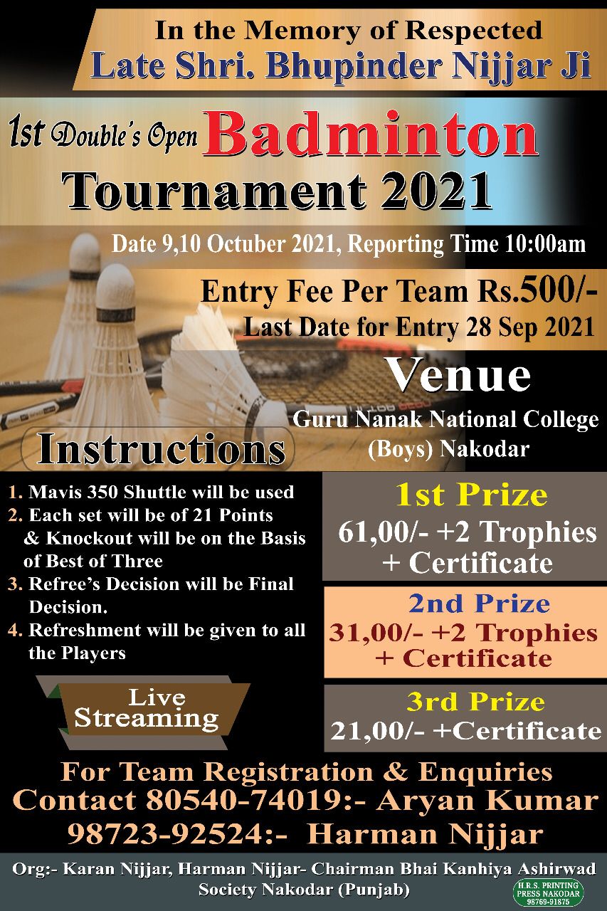 Nakodar Doubles Badminton Tournament-Revised