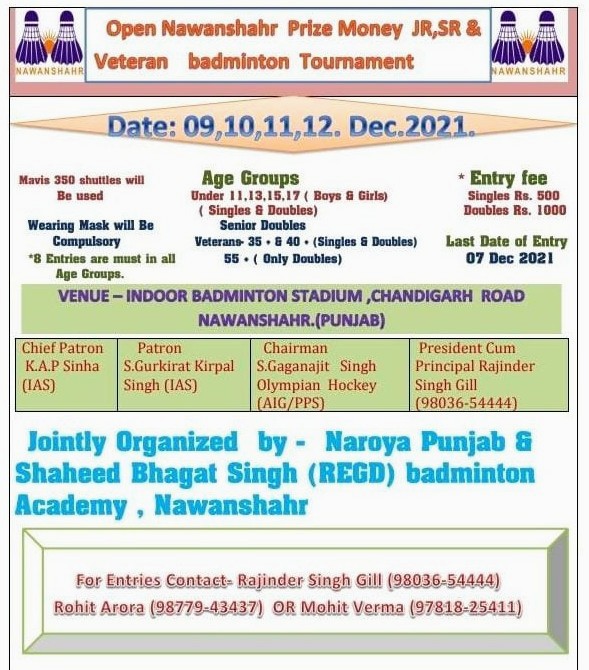 NawanShahr Open Badminton Tournament 9-12 Dec.21