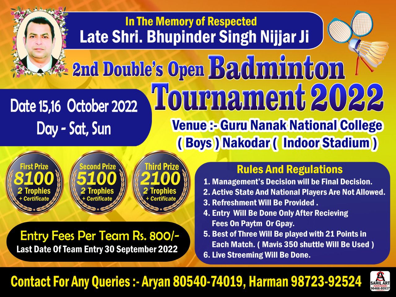 2nd Doubles Open Badminton Tournament Nakodar