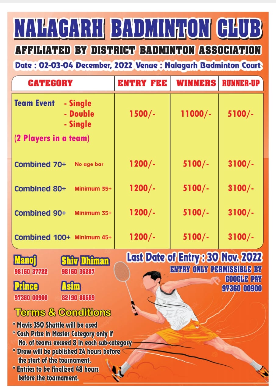 Nalagarh Badminton Club Tournament 2-3-4 Dec.2022