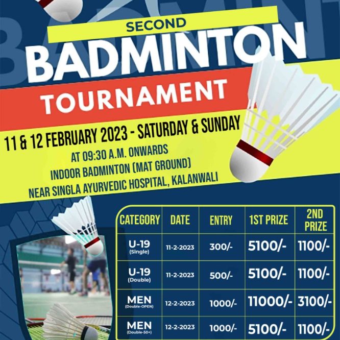 2nd Badminton Tournament Kalanwali 11-12 Feb.2023
