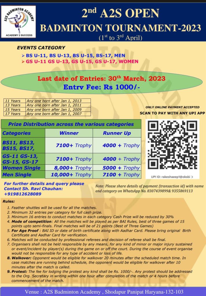 2nd A2S Open Badminton Tournament-2023