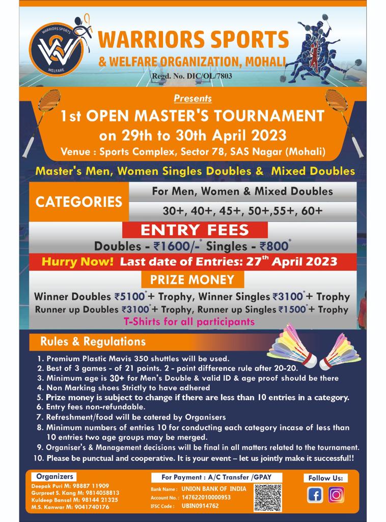 1st Open Masters Badminton Tournament Mohali Badmintonpb