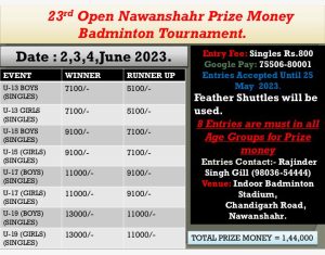 23rd Open Nawanshahr Badminton Tournament 2-4 June 2023