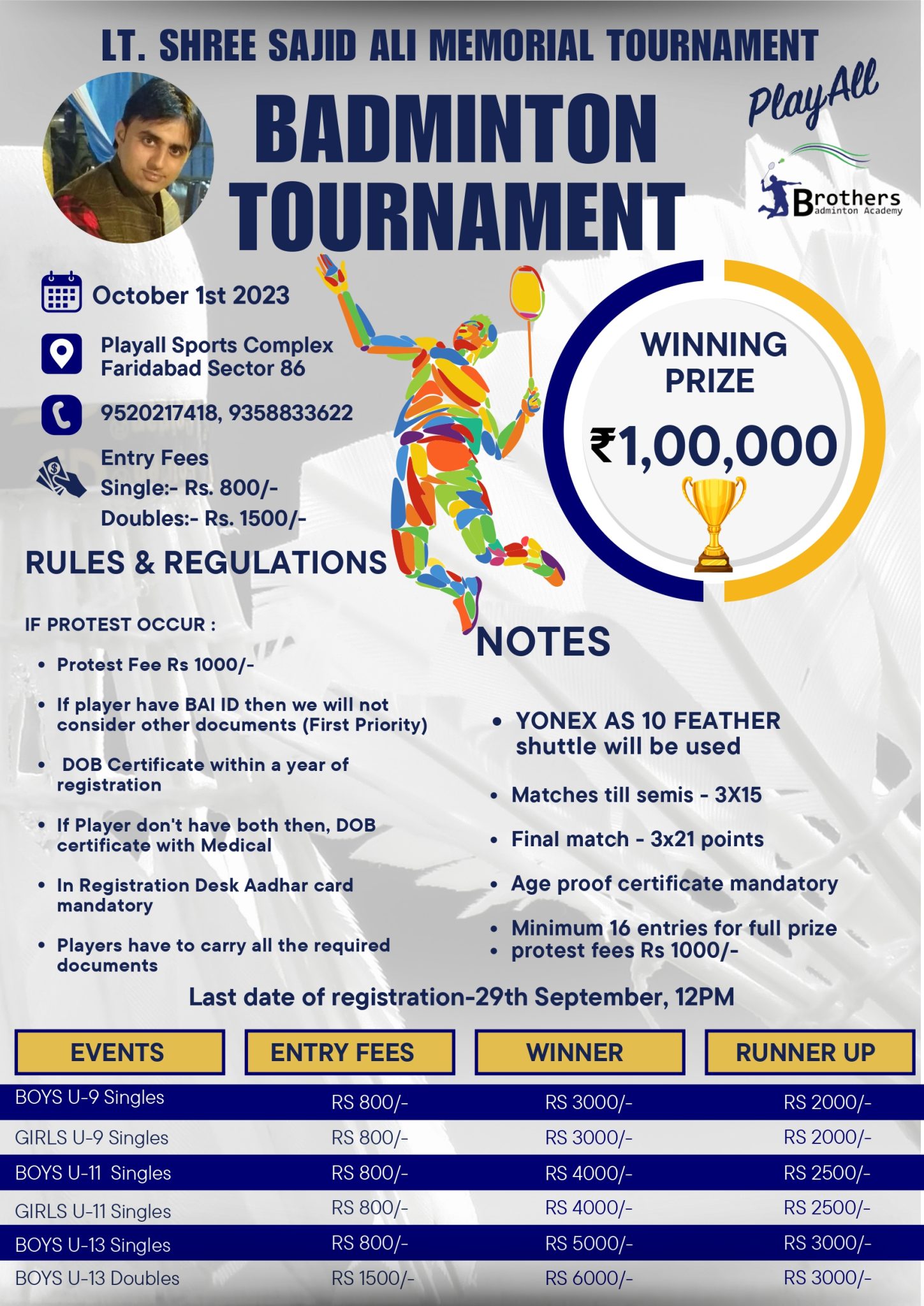 Lt.Shree Sajid Ali Memorial Badminton Tournament – Badmintonpb