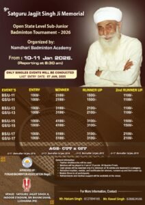 9th Satguru Jagjit Singh Ji Mem Open Badminton Tournament 2026
