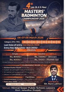 4th Late Sh KD Passi Masters Badminton Championship 2026